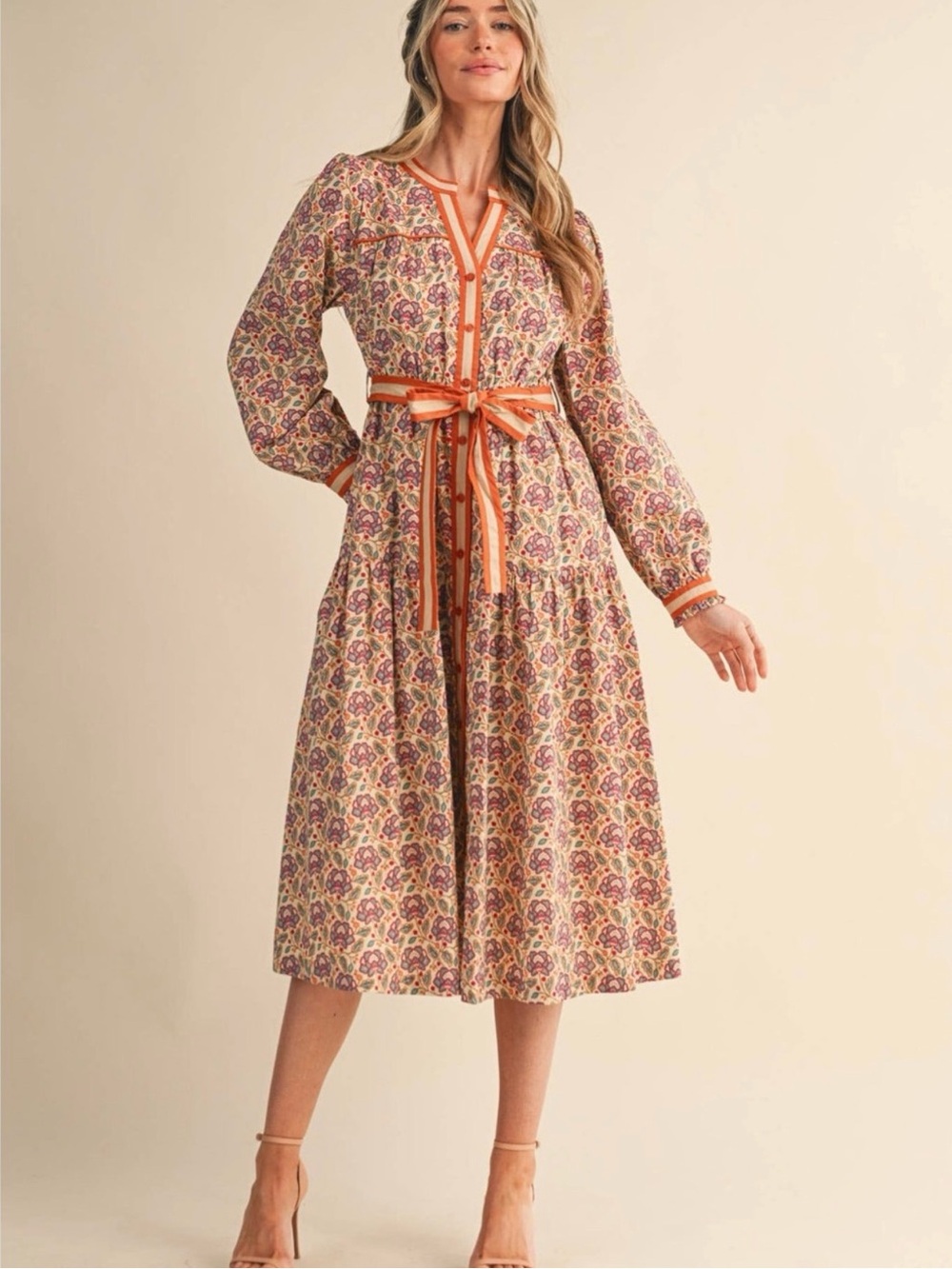 &Merci Boho Floral Midi Dress with Orange Trim and Tie Waist Belt size Small